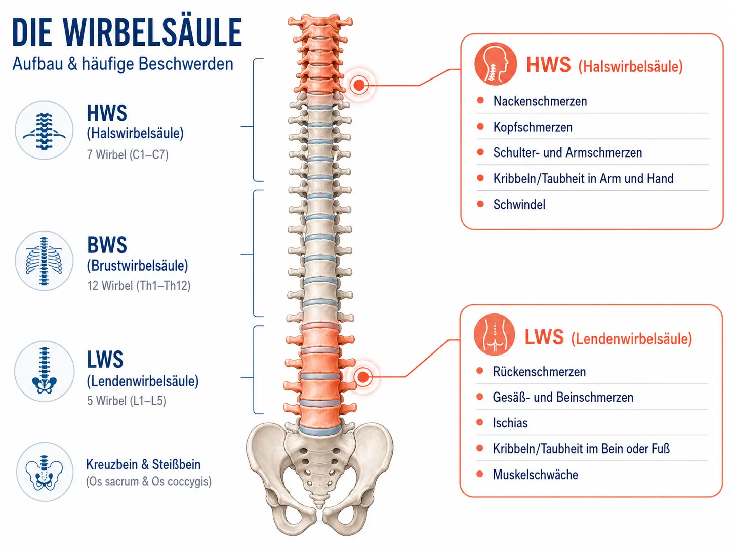 Anatomische Grafik der Wirbelsäule mit Symptomen eines Bandscheibenvorfalls im Bereich der Halswirbelsäule (HWS) und Lendenwirbelsäule (LWS)